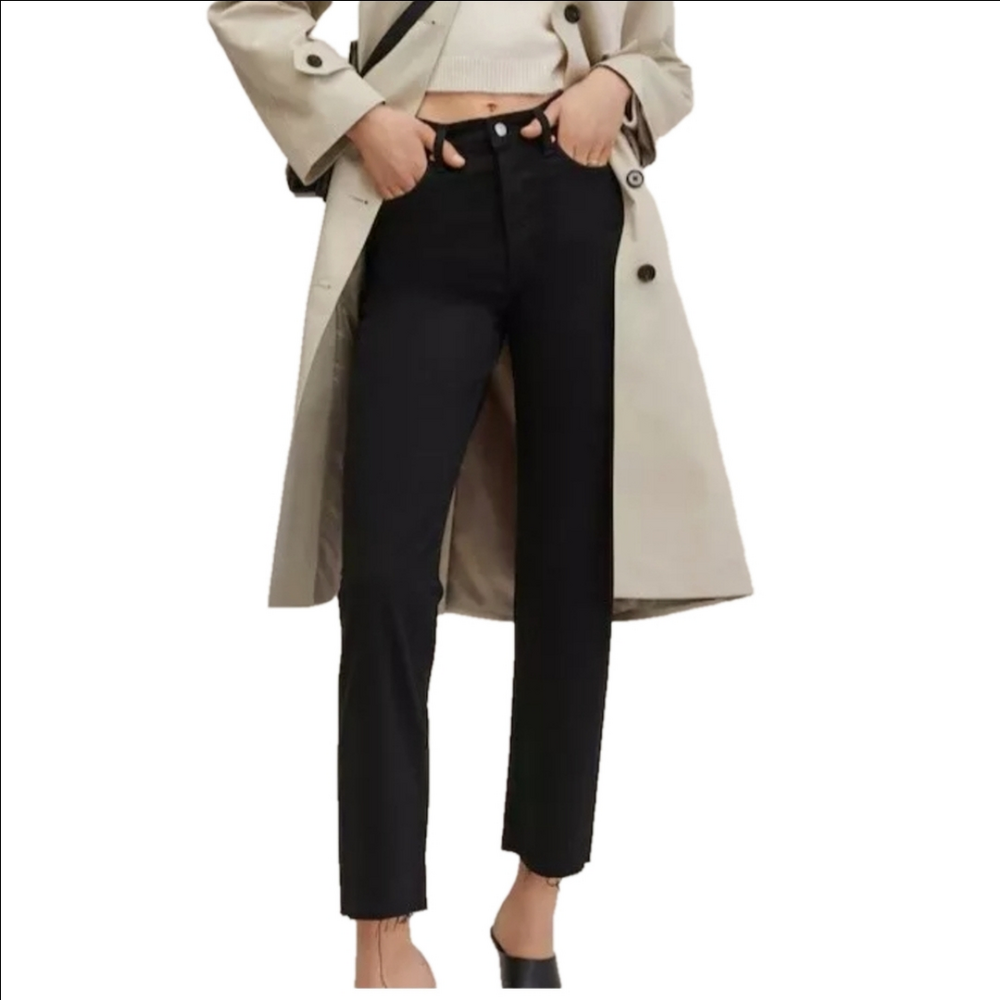 NWT MANGO Havana black high waist straight leg raw hem cropped jeans